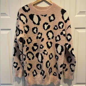 Fuzzy Pink Leopard Print Oversized Sweater